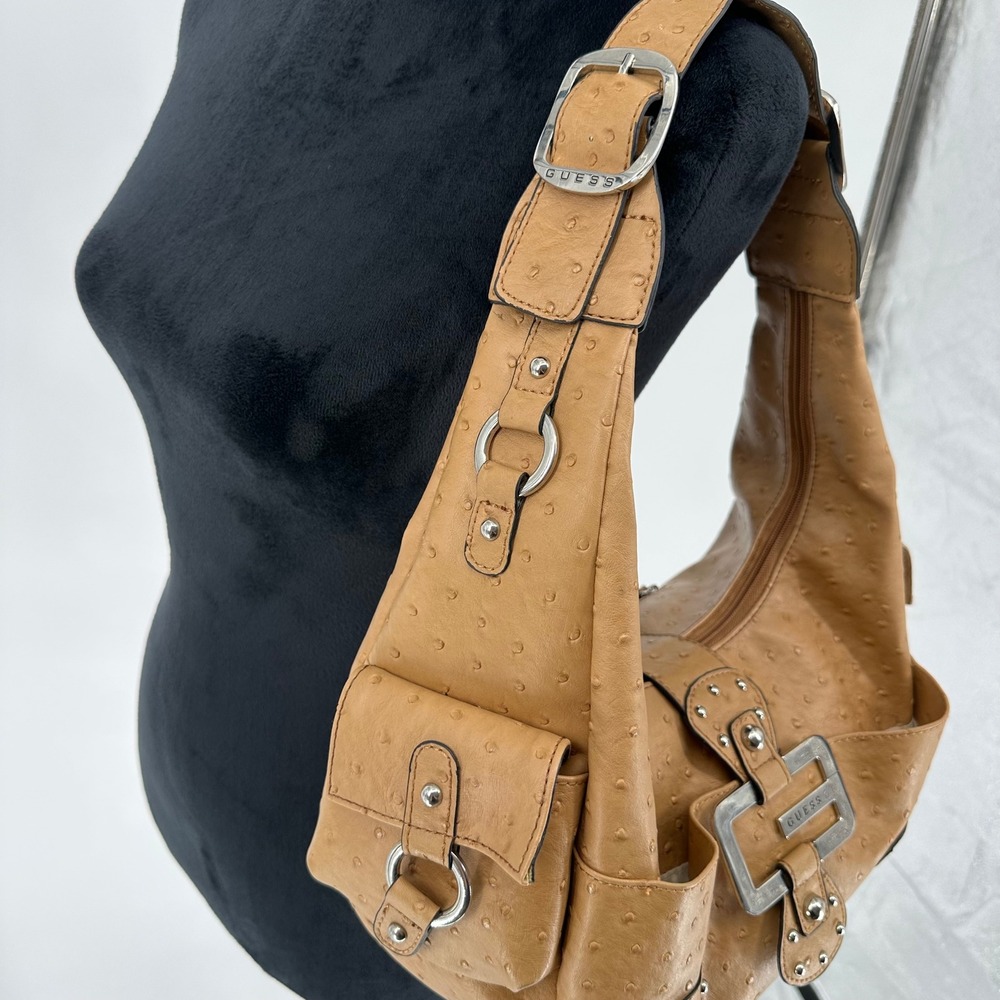 Vintage Guess Y2K Ostrich Faux Leather Shoulder Bag G Silver Studded 2000s - Picture 12 of 13